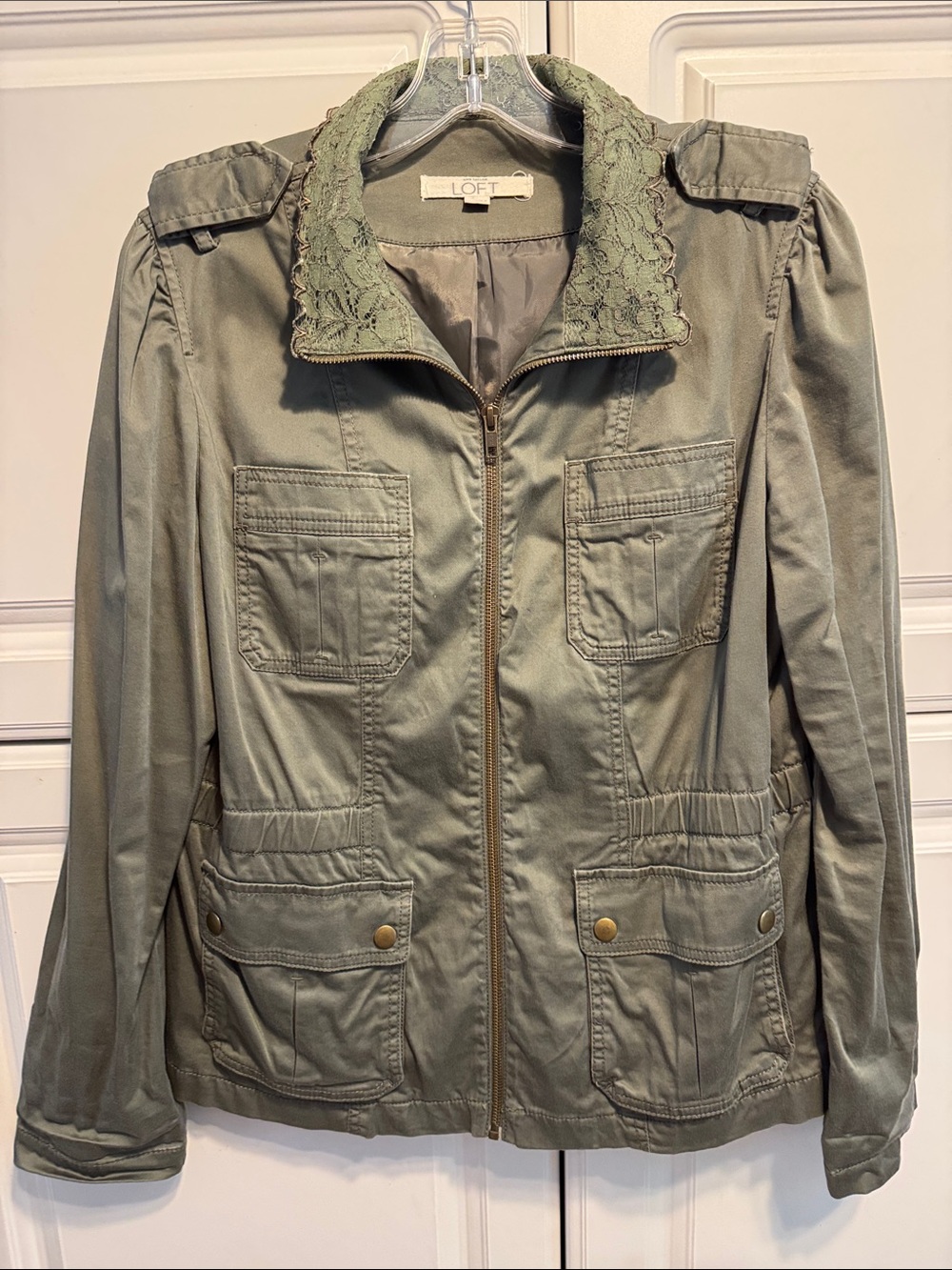 LOFT Olive Green Utility Jacket with Lace-Trim Collar